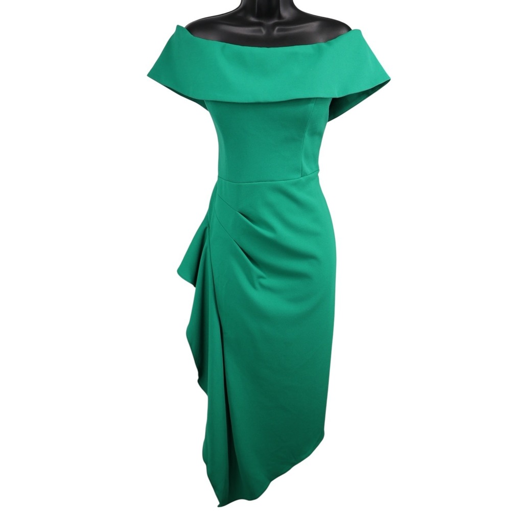Betsy & Adam Off Shoulder Ruffle Asymmetric Midi Cocktail Dress‎ Green 10 NWT